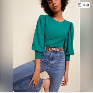Nation LTD Loren Tee L Emerald Pima Cotton Smocked Cuff Puff Sleeve Top